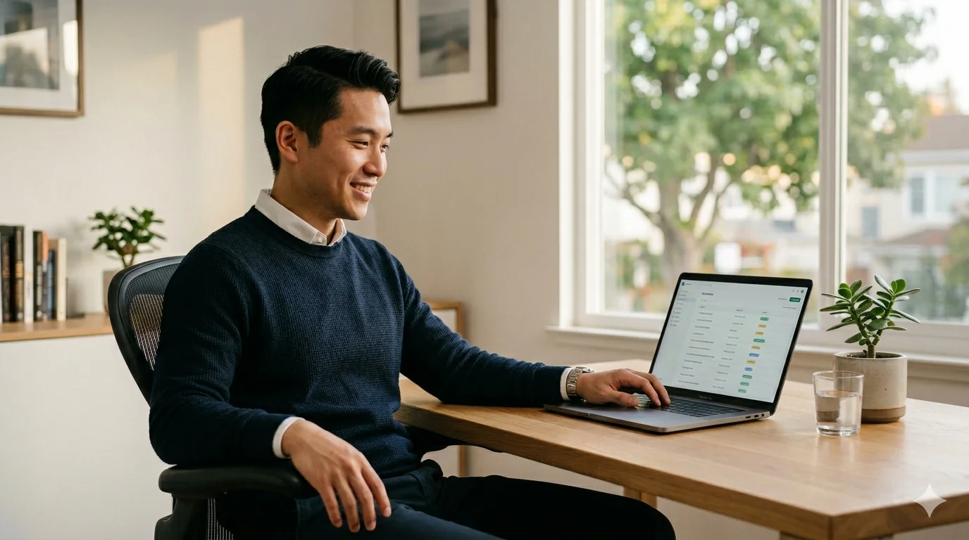 Professionista finanziario che gestisce con sicurezza un portafoglio di contratti di locazione con software di monitoraggio automatizzato