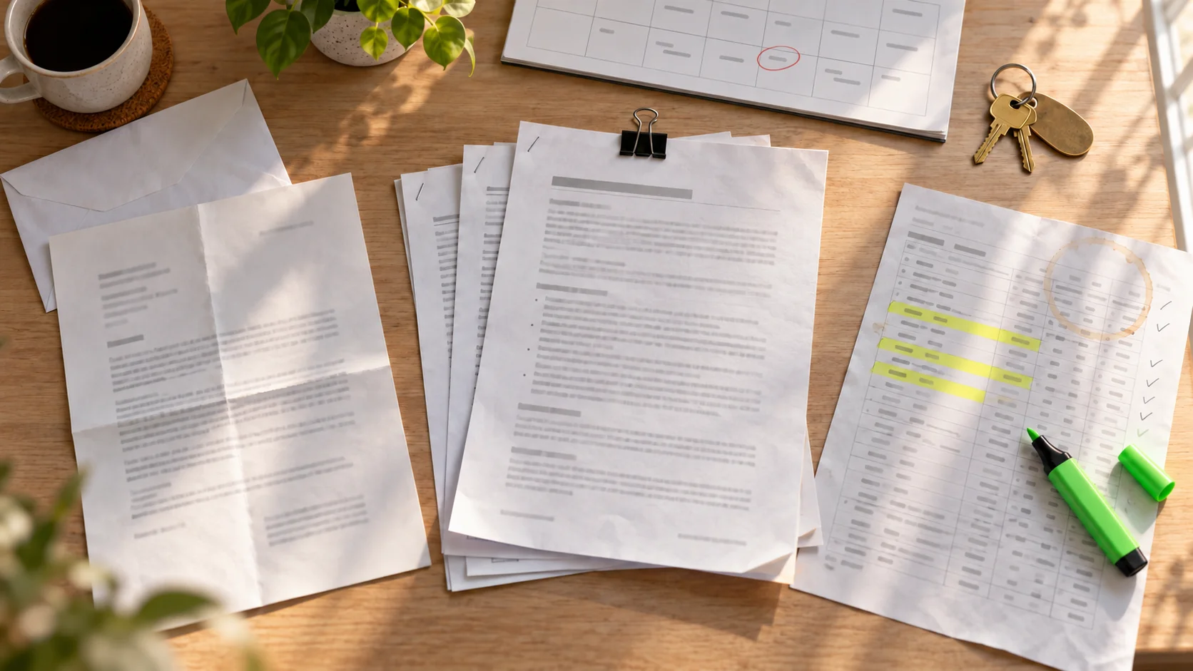 Overhead view of a printed lease with stapled amendments, an unfolded letter, a highlighted rent ledger, a calendar with a circled date, and a set of keys.