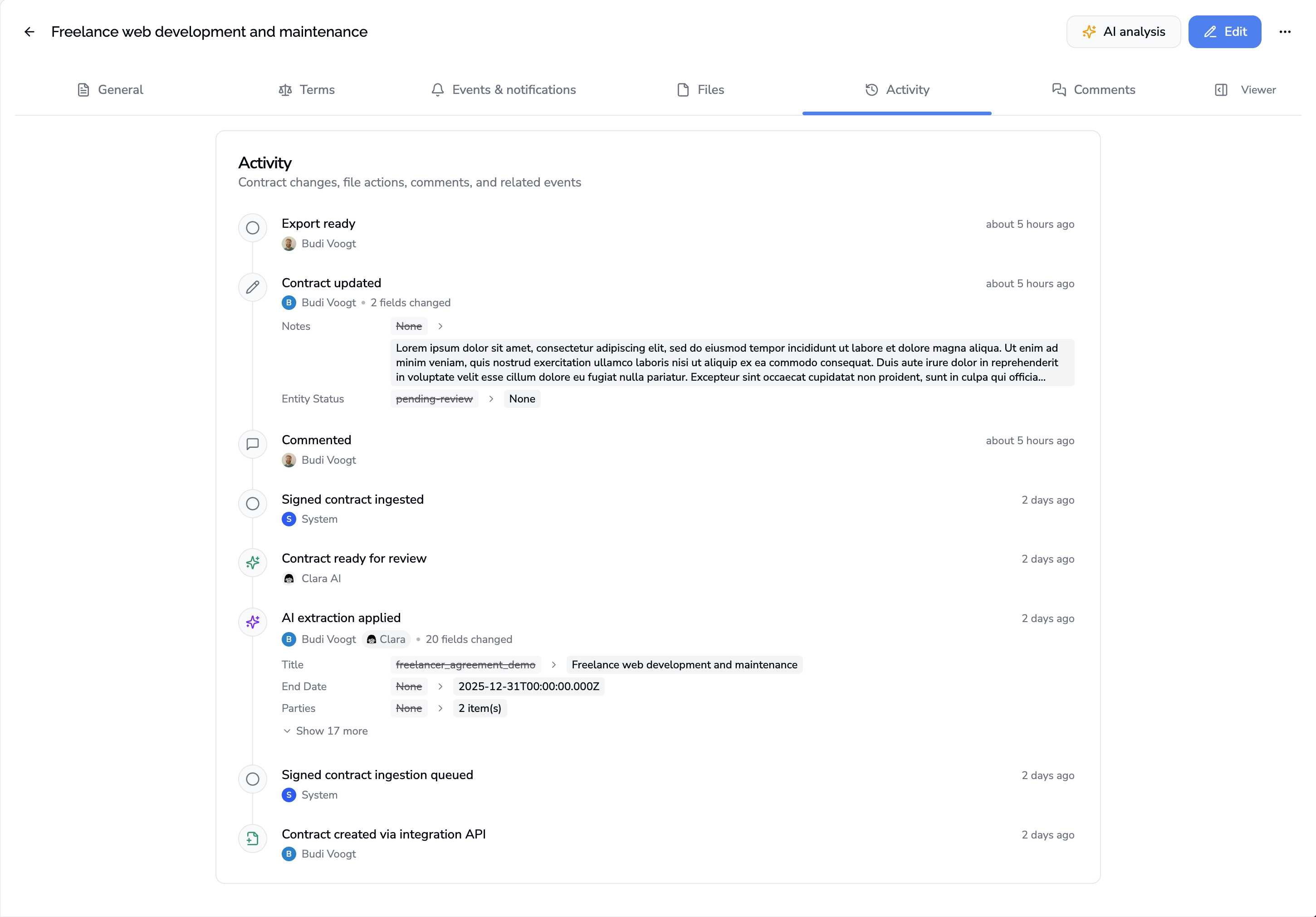 Activity tab on a Contracko contract showing the full audit trail of creation, edits, AI extraction, and comments