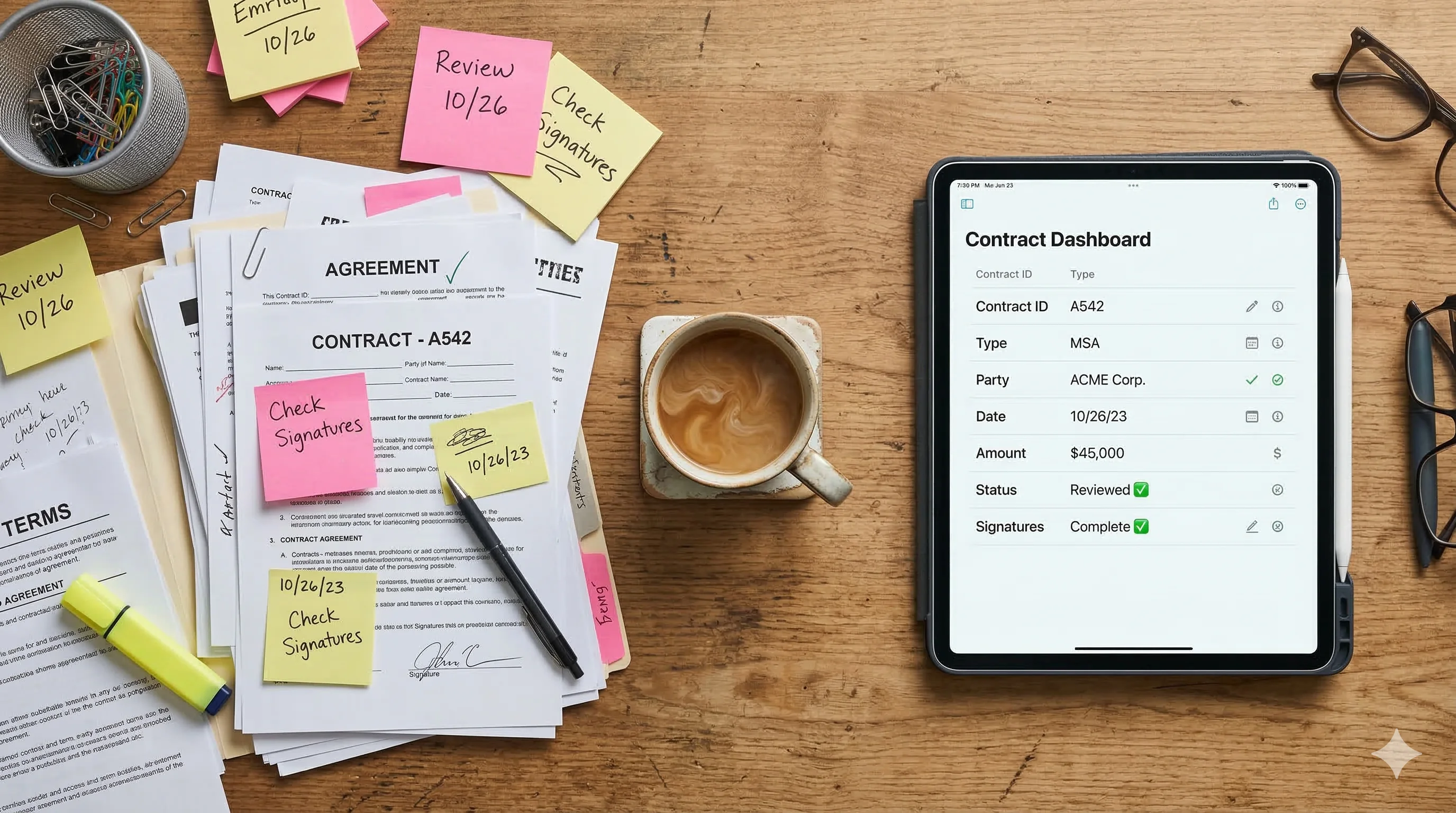 Confronto prima e dopo che mostra contratti cartacei con note manuali rispetto a dati contrattuali digitali organizzati su un tablet