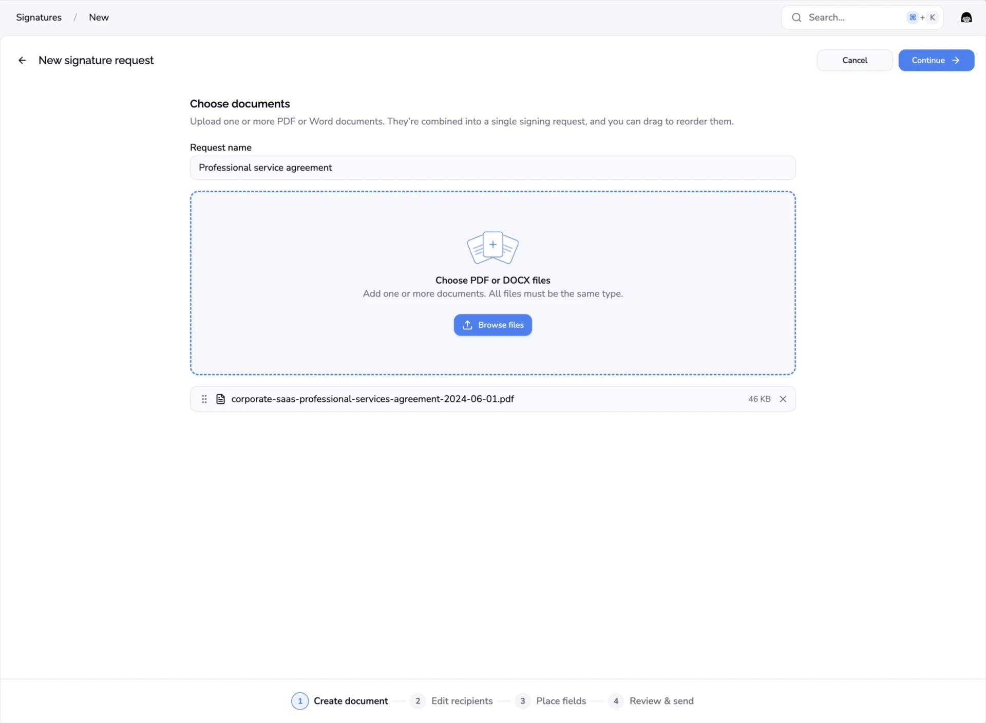Passaggio di creazione del documento in una richiesta di firma Contracko, con il nome della richiesta e un file PDF caricato