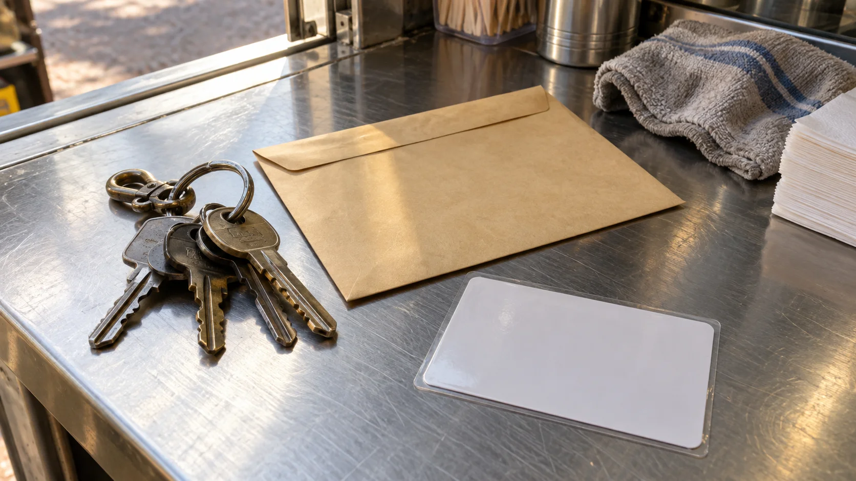 A heavy keyring, an unmarked envelope, and a face-down permit card on a sunlit stainless kiosk counter.