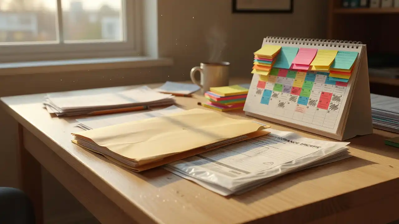 Gesloten map, certificaathoes en een met kleur gemarkeerde kalender op een zonnig bureau