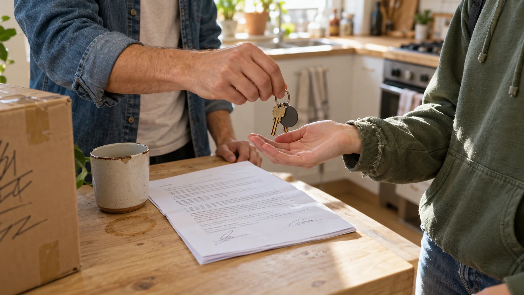A tenant handing apartment keys and a signed sublease to a subtenant at a sunlit kitchen counter with a moving box nearby.