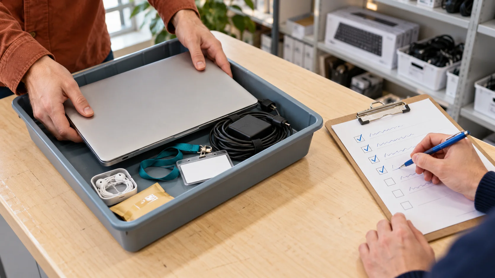 Vertrekkende werknemer levert een laptop, oplader en toegangspas in bij een servicebalie, terwijl medewerkers een checklist afvinken