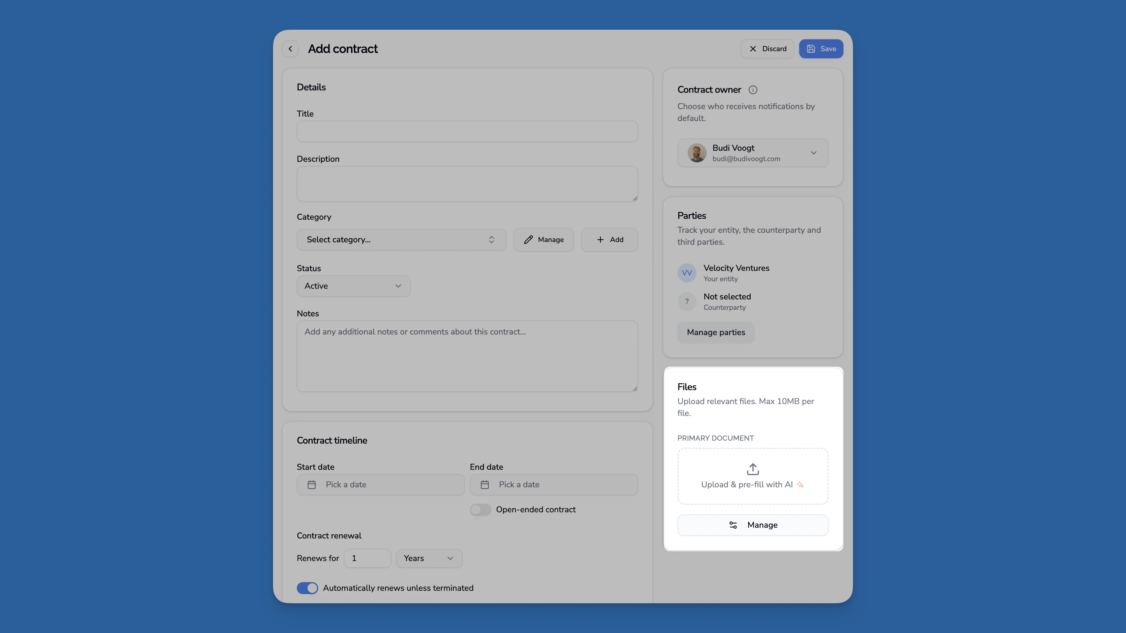 File card in contract editor for uploading documents