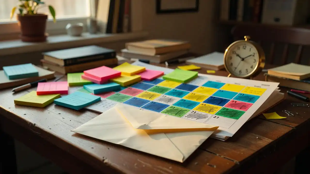 Envelop, analoge klok en een gekleurd gemarkeerde kalender op een zonnige houten tafel